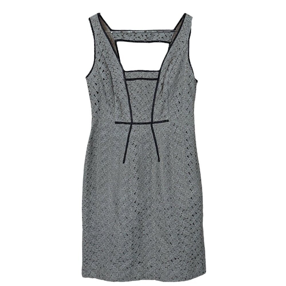 Yoana Baraschi Cotton Lace Floral Sheath Cocktail Dress Gray Black Trim Size 4